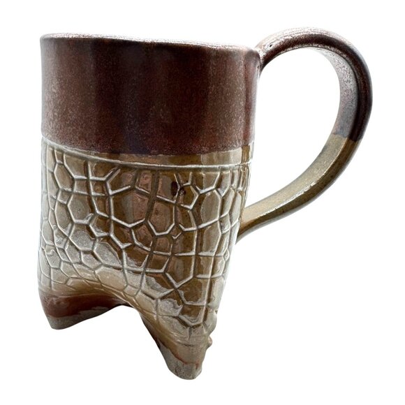 Handmade Unique Tri-Footed Ceramic Mug With Textured Design & Earthy Colors 6"H - Picture 2 of 6